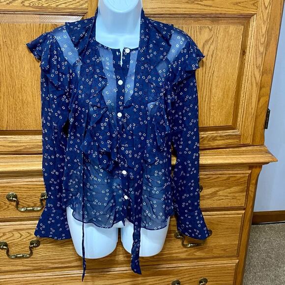 Veronica Beard Finley Silk Ruffle Tie Neck Blouse Dark Blue Floral Women’s Sz 0 - Picture 7 of 16